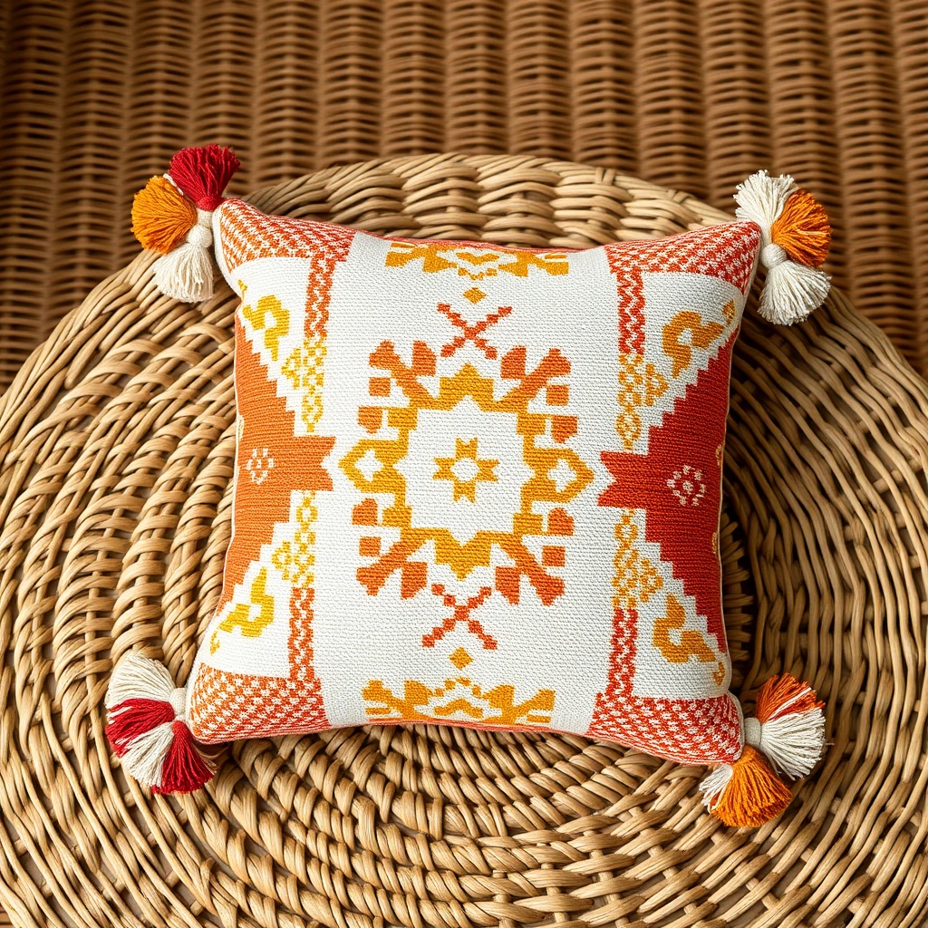 Coussin coton bohème pompons ethnique en gros